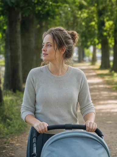 Een vrouw wandelt met een kinderwagen