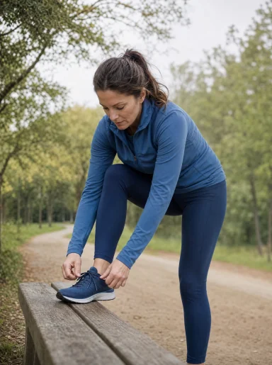 Een vrouw strikt haar sportschoenen in het park