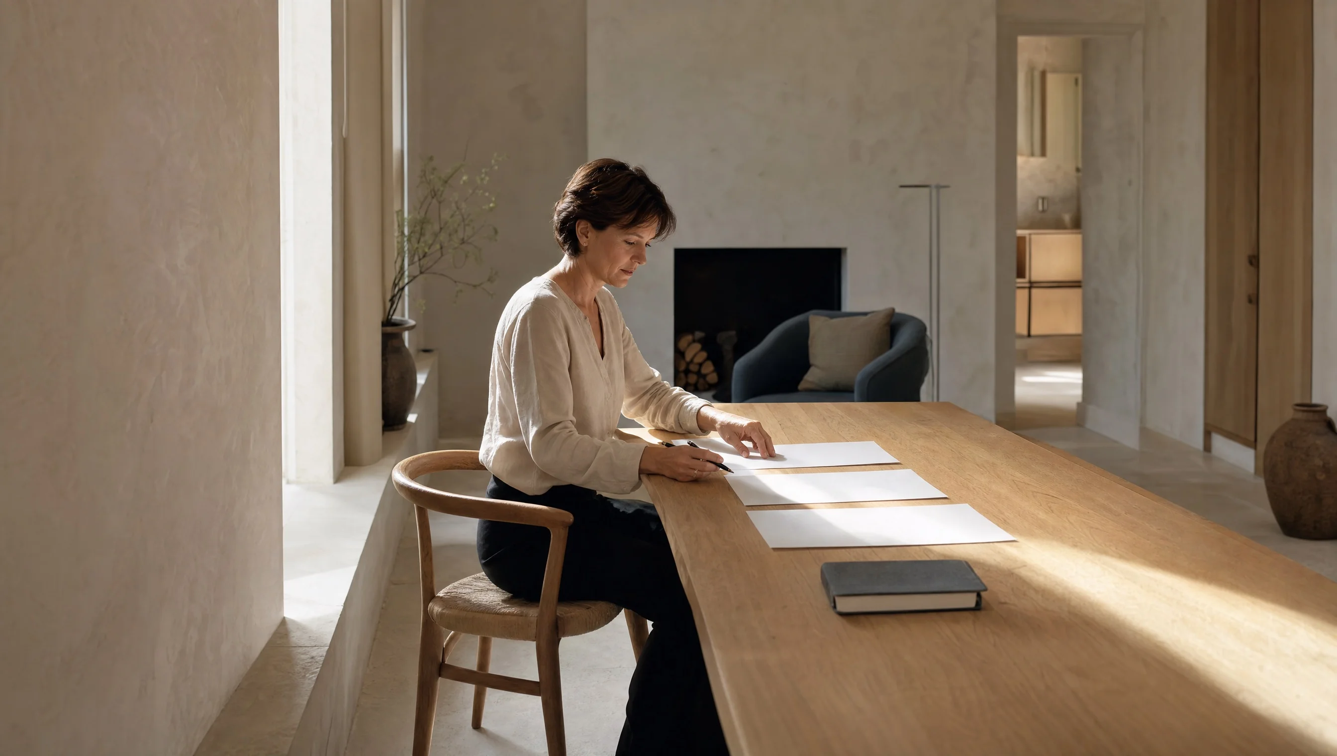 Een ondernemer werkt haar aanbod uit aan een tafel met notities