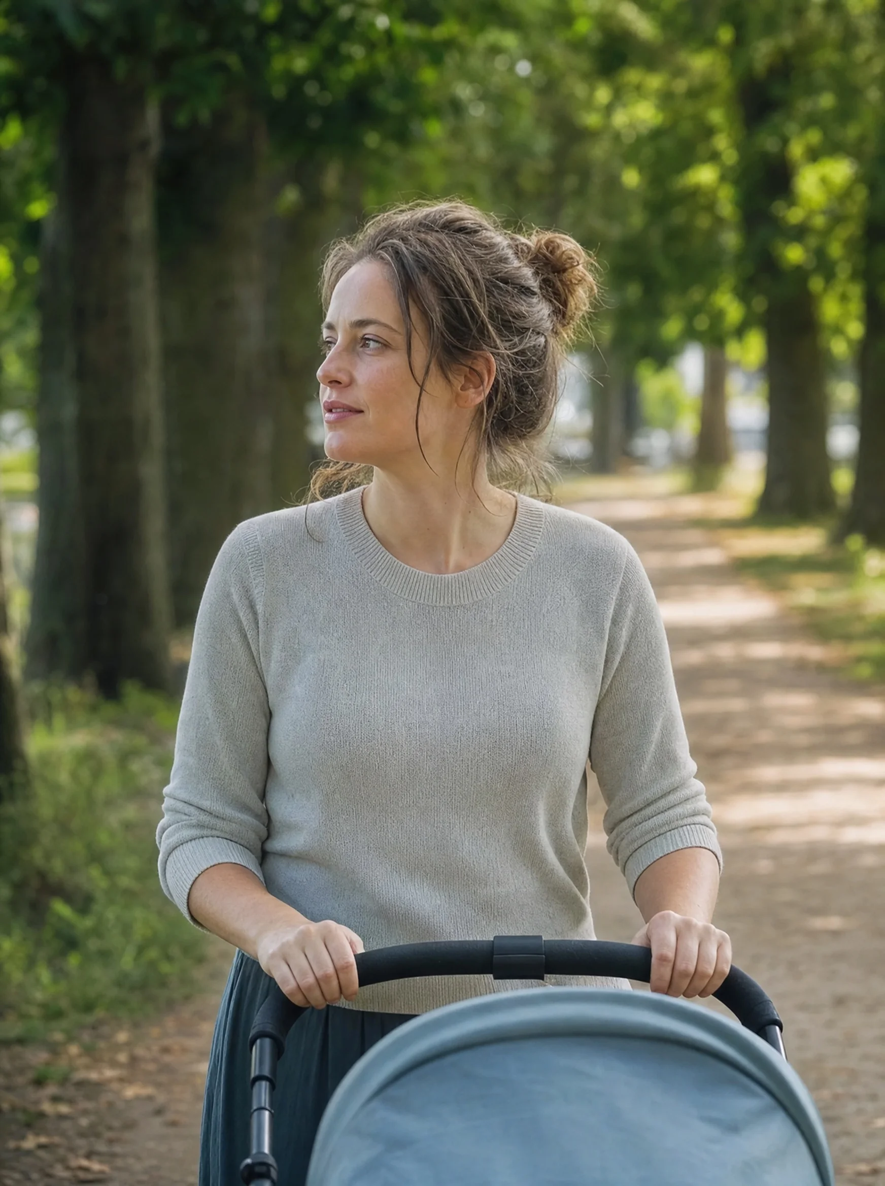 Een vrouw wandelt met een kinderwagen