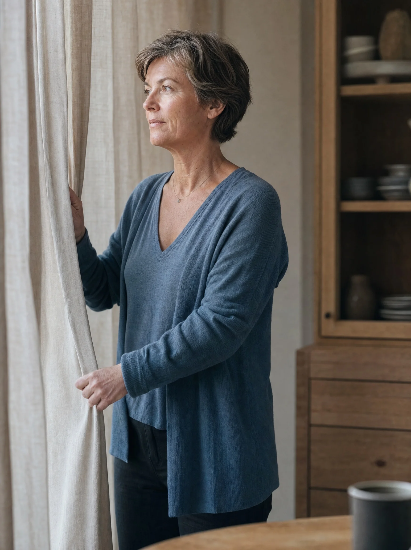 Een vrouw bij een raam met linnen gordijnen